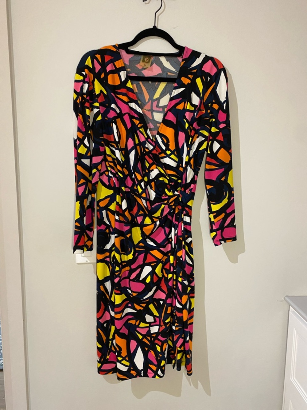 Anne Klein Multicolor Abstract Wrap Dress in Black, Pink, Yellow & Orange